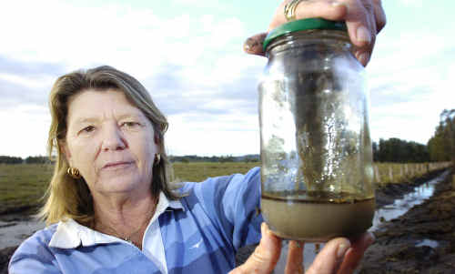Exhibit A: Ann Love holds up a water sample from the accident site that was deemed clean. A fuel truck overturned and lost 7000 litres of petrol and 7500 litres of diesel along the Bruxner Highway between Lismore and Casino. Exhibit A: Ann Love holds up a water sample from the accident site that was deemed clean. A fuel truck overturned and lost 7000 litres of petrol and 7500 litres of diesel along the Bruxner Highway between Lismore and Casino.